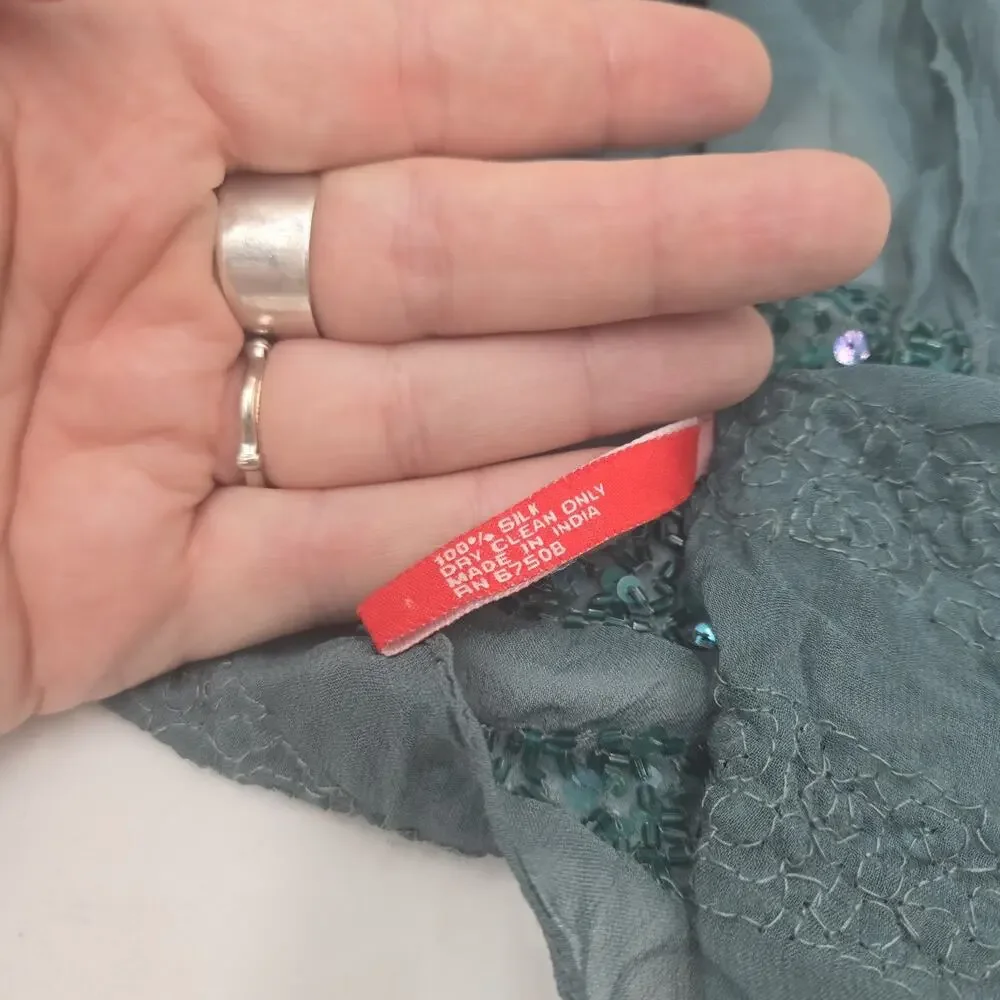 Vintage Y2K Anne Klein Ladies Fine Silk Scarf Teal Blue Sequin 12
